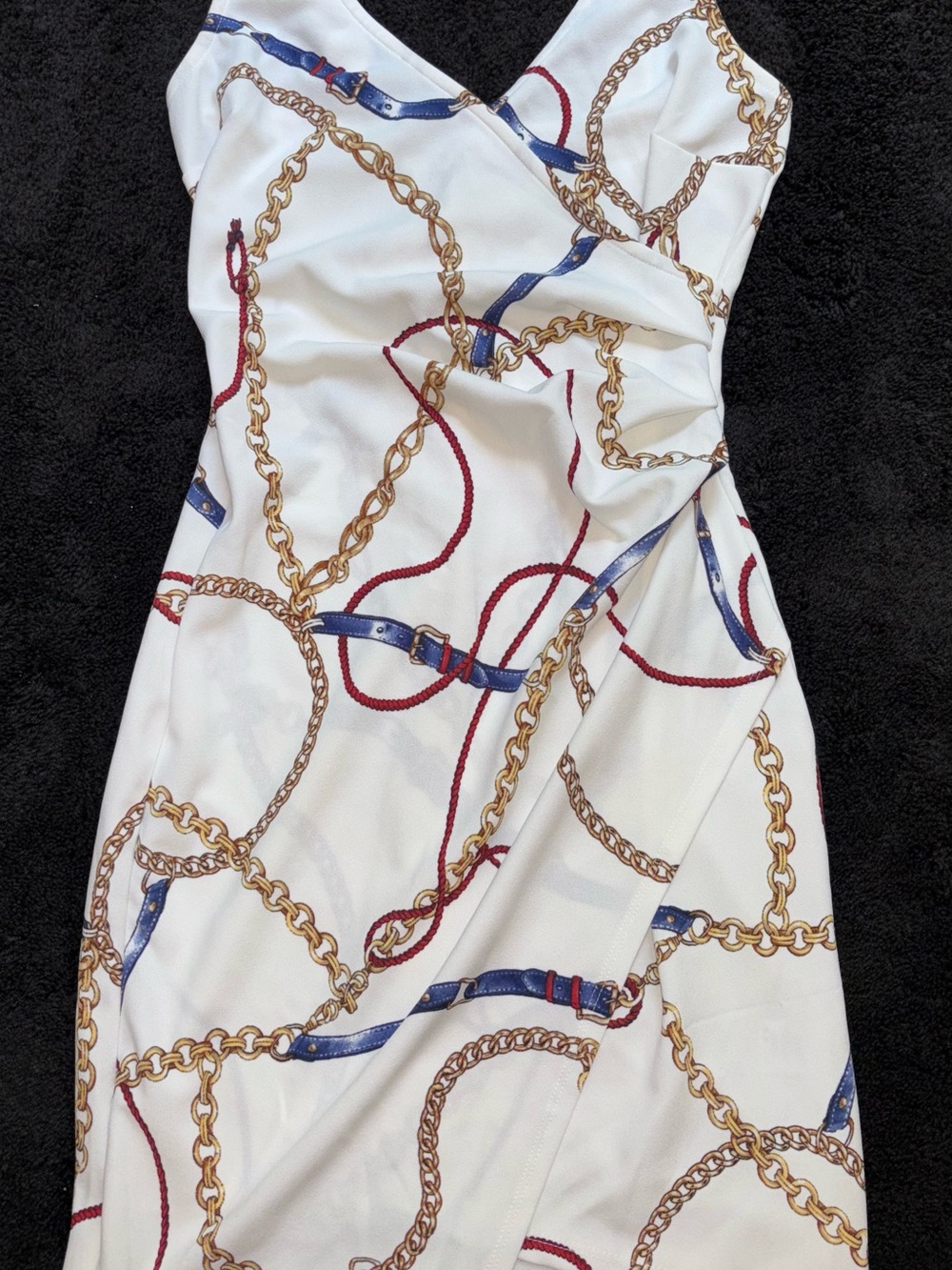 White Chain-Print V-Neck Dress size Small